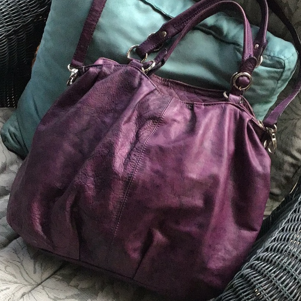 Purple italian leather hobo bag, large bag with zip top, soft distressed leather